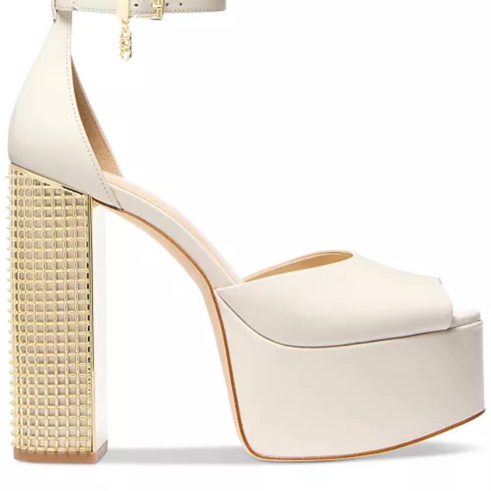MICHAEL Michael Kors Ivory Platform Sandals with Gold Textured Block Heel